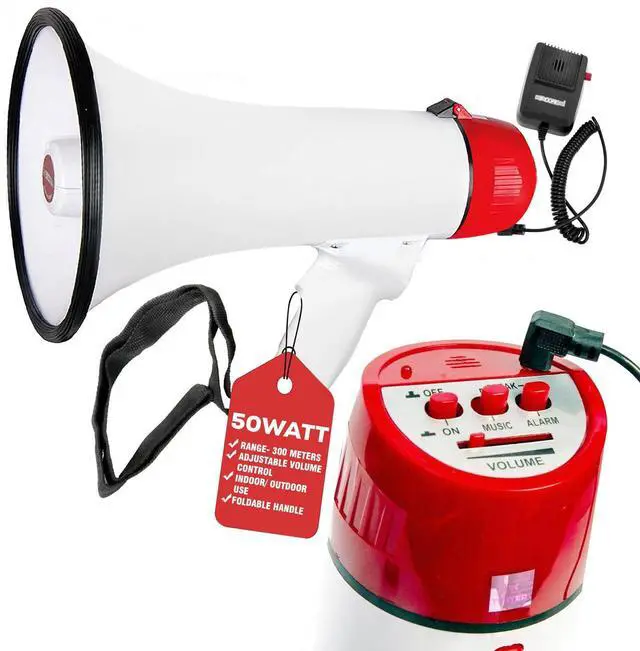 Main image of 5 Core Megaphone 50W Bull Horn PA Speaker with 300M Range Loud Siren Voice Amplifier Portable - White