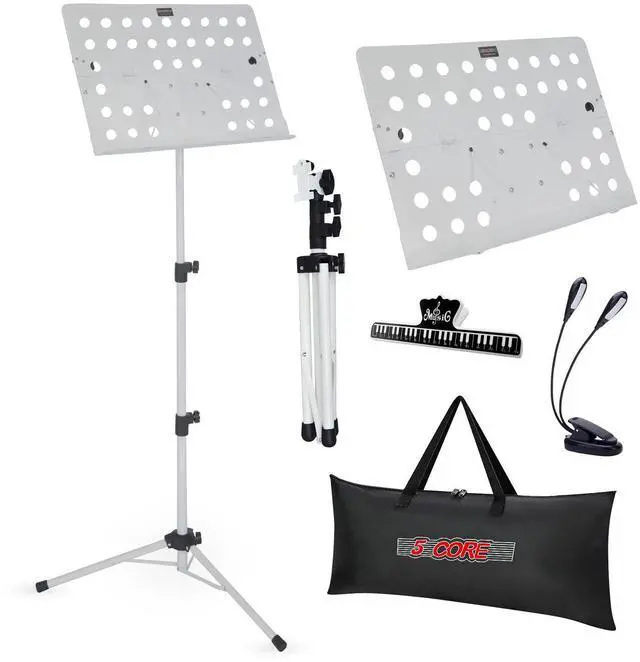 Main image of 5 Core MUS FLD HD ACC WH Music Stand For Sheet Music Height Adjustable Portable Folding with Light Clip for Guitar Players Violinists Cellists Pianists - White