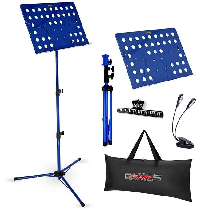 Main image of 5 Core MUS FLD HD ACC BLU Music Stand For Sheet Music Height Adjustable Portable Folding with Light Clip for Guitar Players Violinists Cellists Pianists - Blue