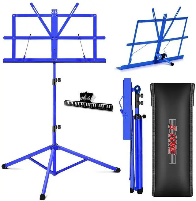 Main image of 5 Core MUS FLD BLU Music Stand Adjustable Desktop Book Stands Portable Sheet Holder All Metal Foldable Bookstand - Blue