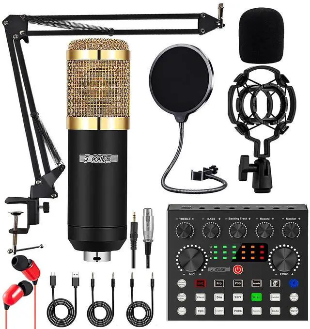 Main image of 5 Core RM 8 BG Condenser Microphone Bundle, Podcast Equipment Bundle with Mixer, Mic Arm Stand, Shock Mount, Pop Filter & Headphone for Vocal Studio Recording Broadcasting YouTube Live - Gold
