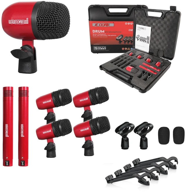 Main image of 5 Core Drum Microphone Kit 7Pc All Metal Drummer Mics Tom/Snare & Cymbals Wired Instrument Drums Set - Red