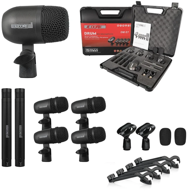 Main image of 5 Core Drum Microphone Kit 7Pc All Metal Drummer Mics Tom/Snare & Cymbals Wired Instrument Drums Set - Black
