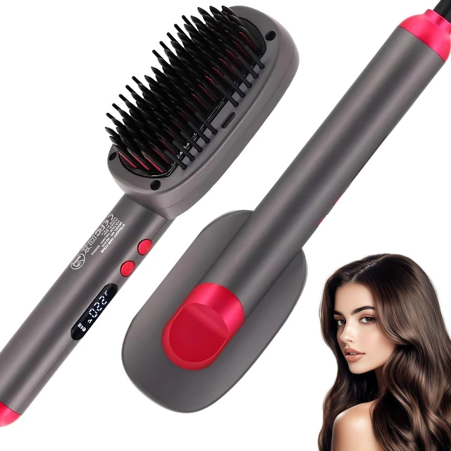 Main image of Tesco Hair Straightener Brush with Keratin Ceramic Coating, Negative ion Straightening Brush, Dual Voltage Hot-air Hair Brush - Black