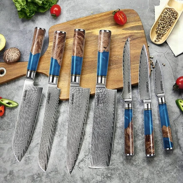 Alt view image 2 of 4 - Seido Knives Executive Japanese Damascus Steel Knife Set, 7-Piece - Brown, Blue