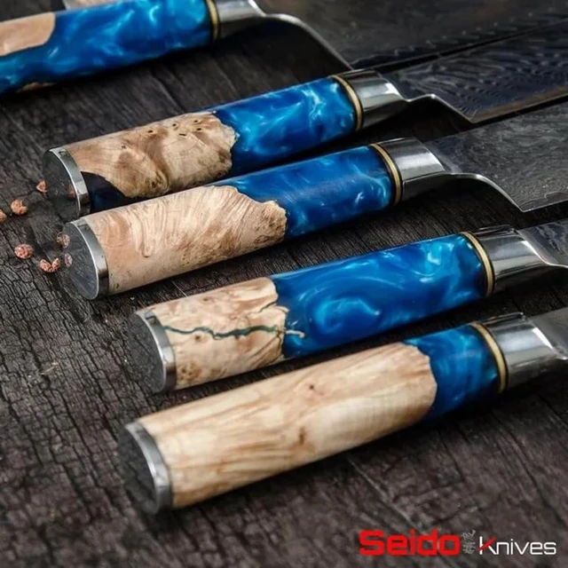 Alt view image 3 of 4 - Seido Knives Executive Japanese Damascus Steel Knife Set, 7-Piece - Brown, Blue