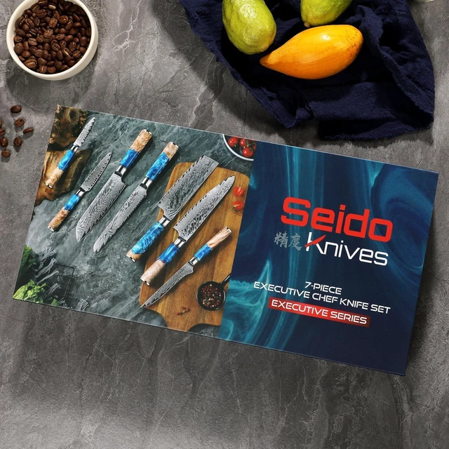 Alt view image 4 of 4 - Seido Knives Executive Japanese Damascus Steel Knife Set, 7-Piece - Brown, Blue