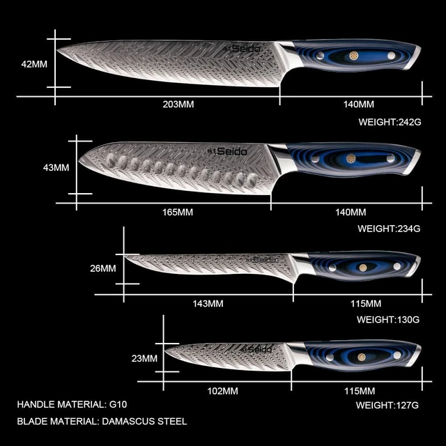 Alt view image 2 of 4 - Seido Knives Kanpeki Damascus Knife Set, 4-Piece - Blue