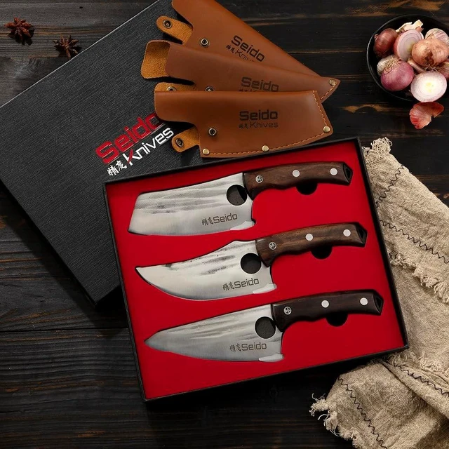Alt view image 3 of 4 - Seido Knives Torio 3-Piece Butcher Knife Set - Brown