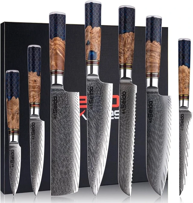 Main image of Seido Knives Hanikamu VG10 Damascus Chef Knife Set, 7-Piece - Black, Brown
