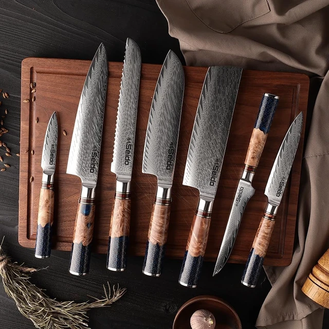 Alt view image 4 of 4 - Seido Knives Hanikamu VG10 Damascus Chef Knife Set, 7-Piece - Black, Brown