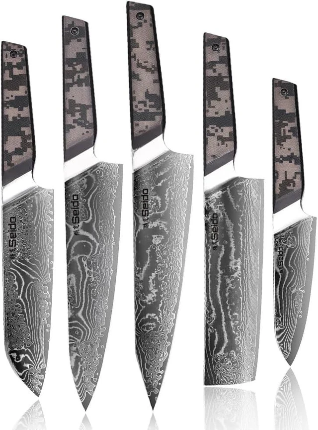 Main image of Seido Knives Meisai Damascus Chef Knife Set, 5-Piece - Black Camouflage