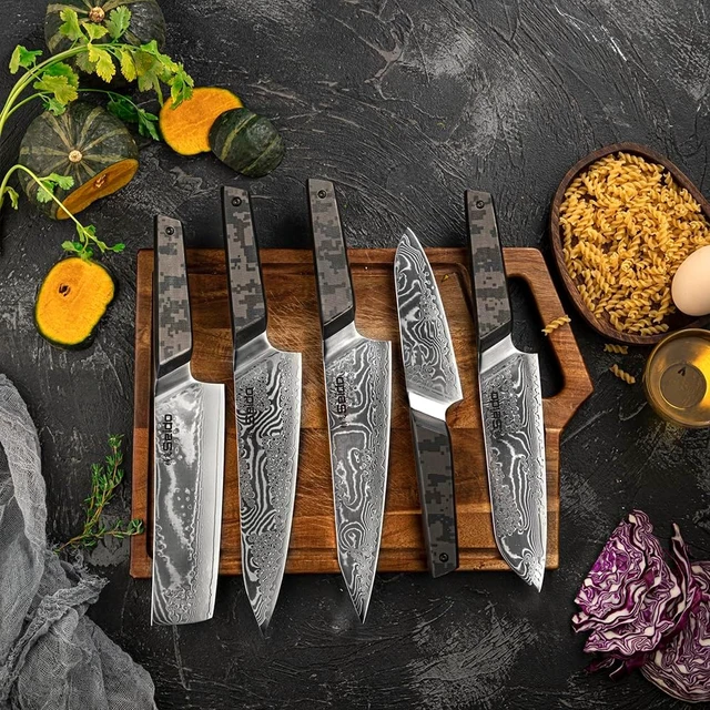 Alt view image 2 of 3 - Seido Knives Meisai Damascus Chef Knife Set, 5-Piece - Black Camouflage