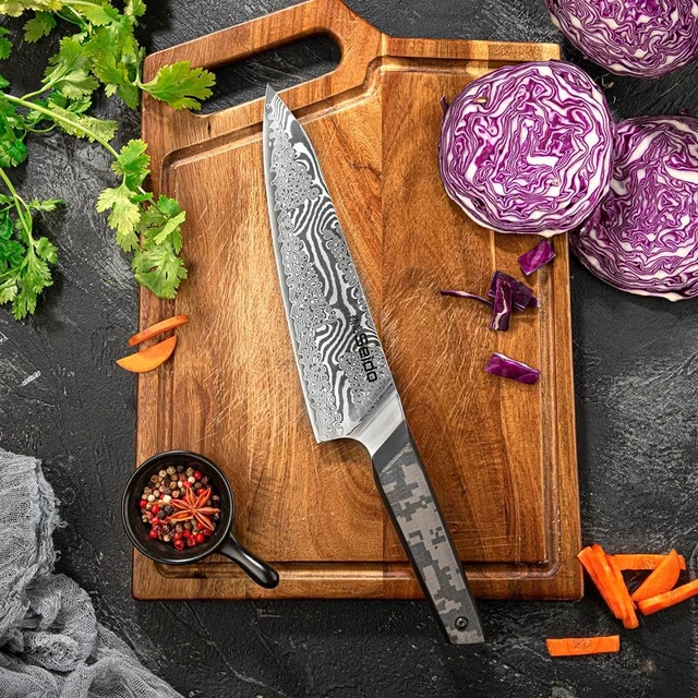 Alt view image 3 of 3 - Seido Knives Meisai Damascus Chef Knife Set, 5-Piece - Black Camouflage