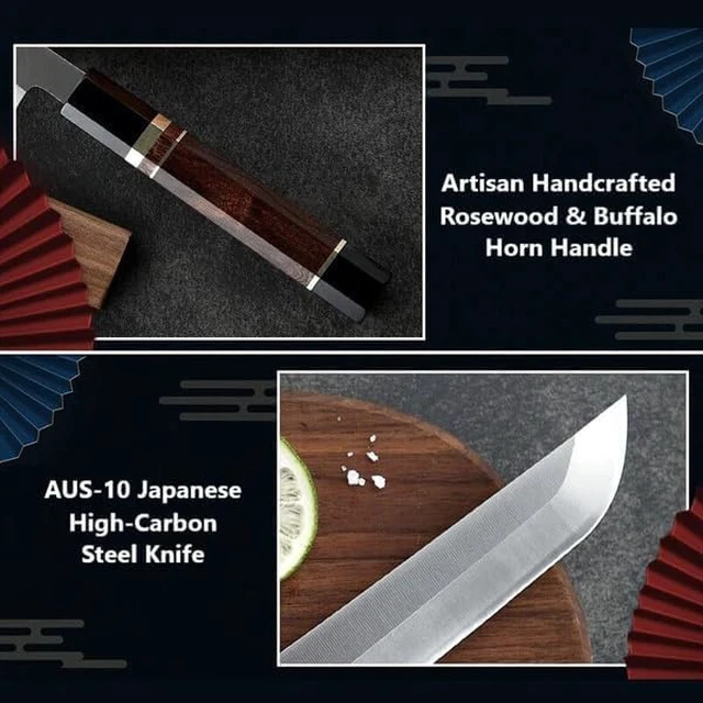 Alt view image 3 of 4 - Seido Knives Sakimaru Takohiki 10" with Rosewood and Ebony Buffalo Horn - Brown, Black