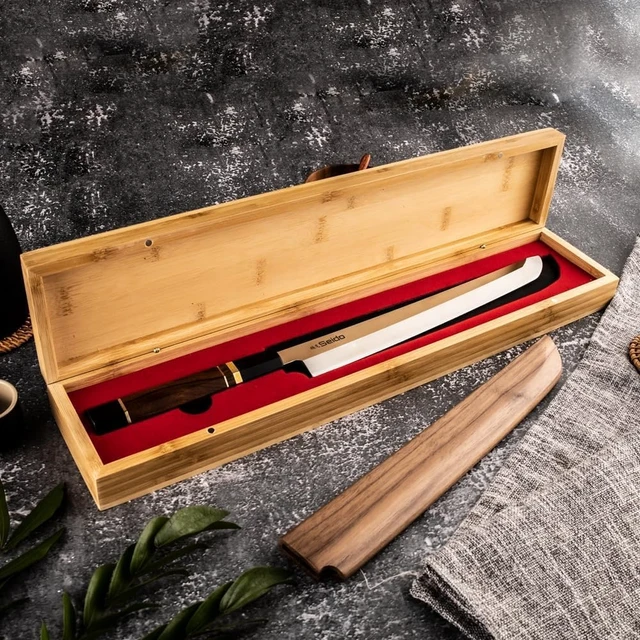 Alt view image 4 of 4 - Seido Knives Sakimaru Takohiki 10" with Rosewood and Ebony Buffalo Horn - Brown, Black