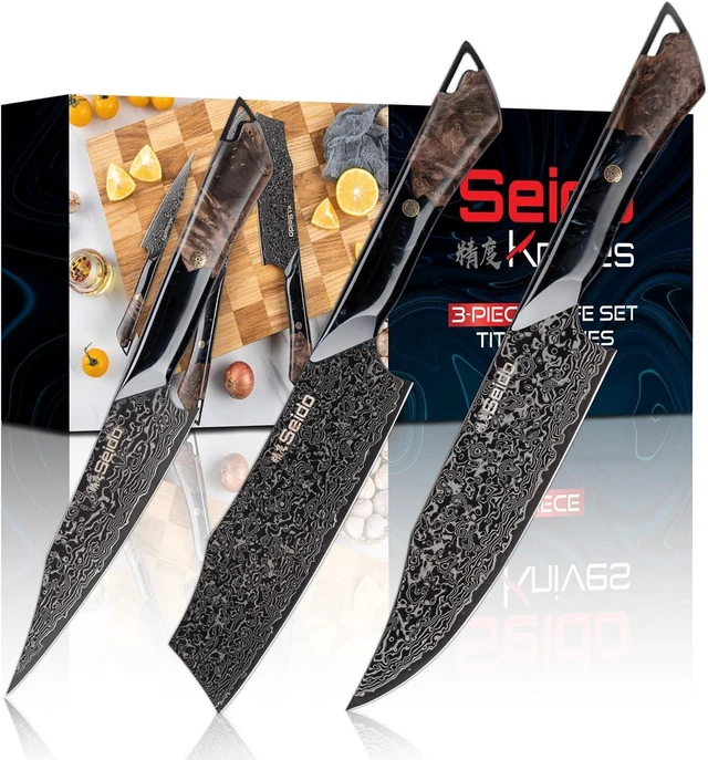 Main image of Seido Knives Titan 3-Piece Chef Knife Set - Black and Brown