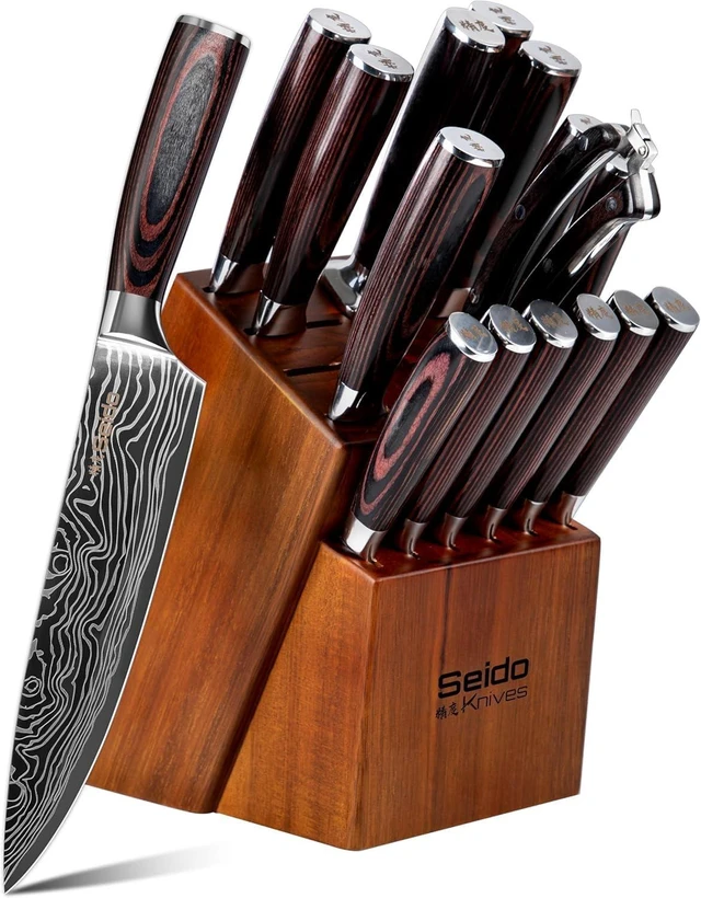 Main image of Seido Knives 17-Piece Master Chef Knife Block Set - Black and Brown