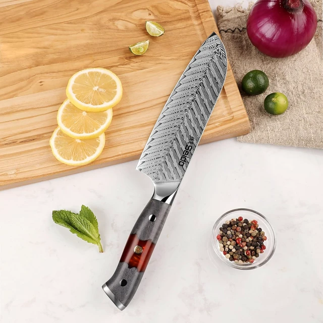 Alt view image 3 of 4 - Seido Knives Inferuno 7" Santoku Knife - Red & Black