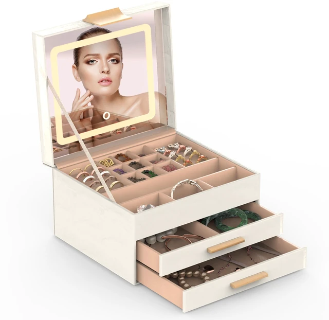 Main image of Fresh Fab Finds Jewelry Box with LED Mirror, 3-Layer Jewelry Organizer with 2 Drawers, PU Jewelry Holder, 3 Light Colors, Dimmable, for Earrings, Rings & Bracelets, Ivory