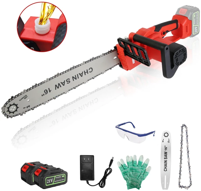 Main image of Fresh Fab Finds 16in Electric Cordless Chainsaw, Brushless Battery-Powered Handheld Chainsaw with 2x 21V 3.0Ah Batteries, Charger, Auto Oiler & Safety Switch, Red