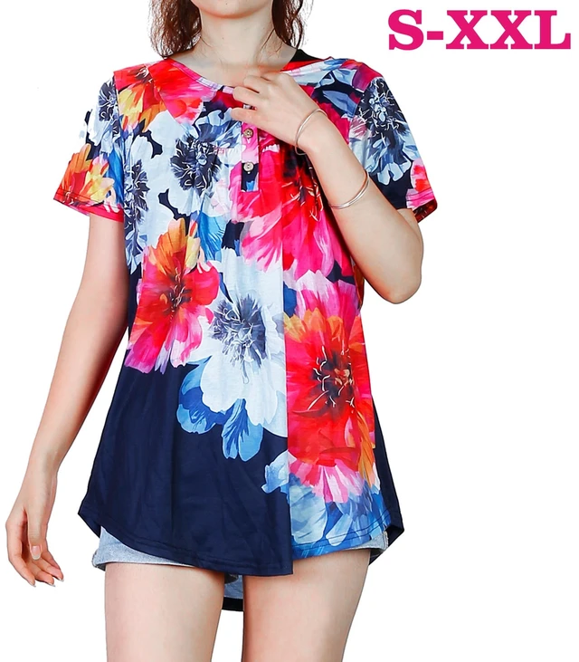 Main image of Fresh Fab Finds Women's Floral Button Short Sleeve Summer Shirt Blouse, Casual Lightweight Top, S-XXL, Red