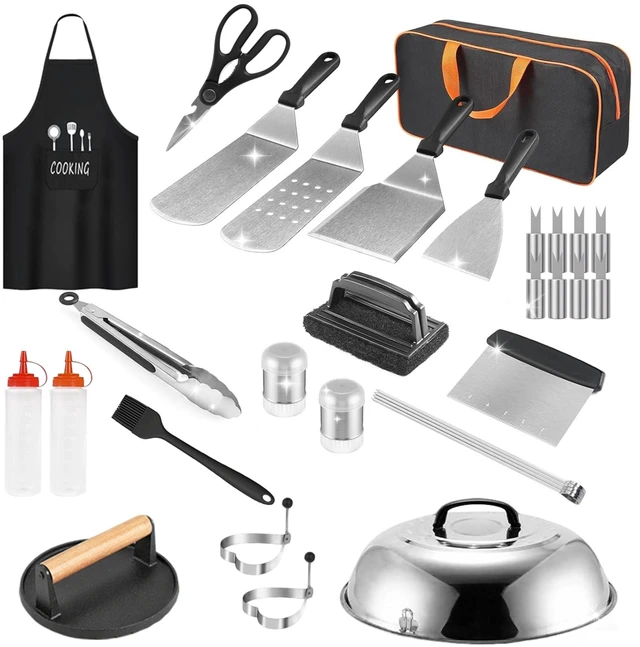 Main image of Fresh Fab Finds NewHome 31Pcs Griddle Accessories Kit Flat Top Grill Accessories For Camp Chef with Spatulas Griddle Press Basting Cover Spice Shakers Vegetable Forks Steel S - Multi