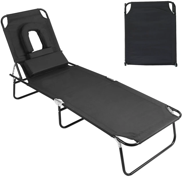 Main image of Fresh Fab Finds NewHome Folding Beach Lounge Chair Face Down Tanning Chaise Sunbathing Recliner 265LBS Max Load with 5-Angle Backrest 3 Removable Pillows for Beach Pool - Black