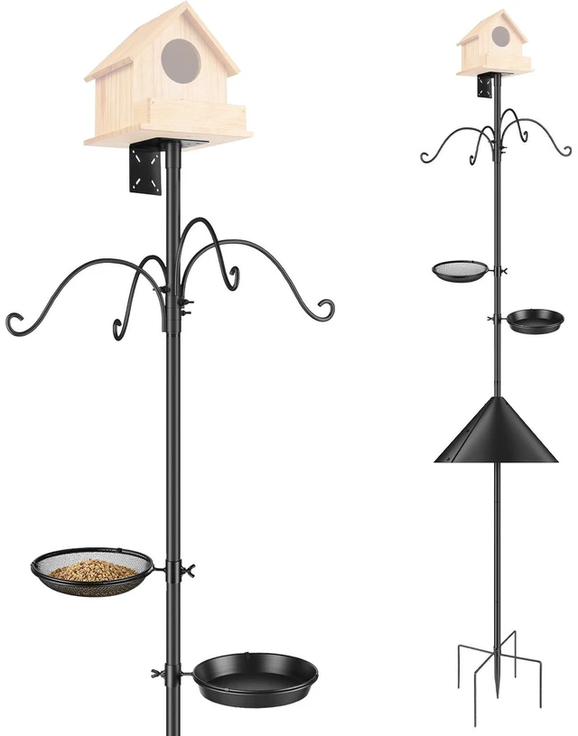 Main image of Fresh Fab Finds 94Inch Squirrel Proof Bird Feeder Pole Heavy-Duty Bird House Pole Outdoor Bird Feeding Station with 5 Adjustable Heights 4 Shepherd Hooks Top & - Black