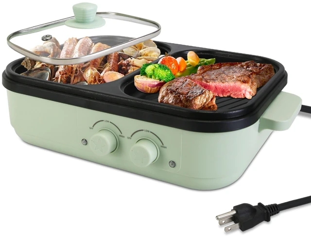 Main image of Fresh Fab Find Electric Hot Pot with Grill 2-in-1 Hot Pot and Frying Pan Portable Non-Stick Pot and Griddle Electric Cooker Pot with Glass Lid Fast Heating for 1-2 P - Mint