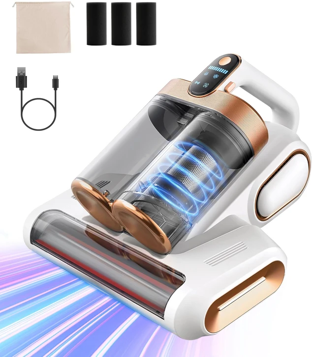 Main image of Fresh Fab Find Mattress Vacuum Cleaner 16Kpa Bed Vacuum Cleaner Handheld Vacuums with Ultrasonic & UVC Light 18000 RPM Brushroll Rotation Dual Dust Bins Washable Fil - White