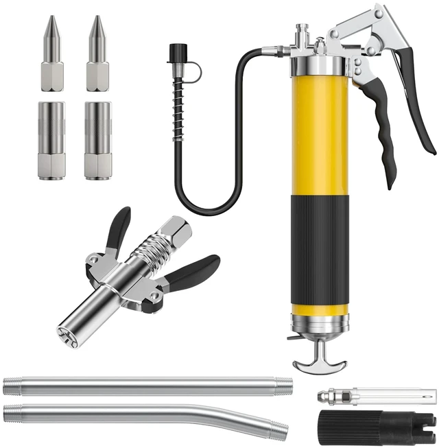 Main image of Fresh Fab Find Grease Gun Kit Fit for 14 Oz Grease Tube 7000 PSI High Pressure Pistol Grip Grease Gun with Lock Coupler 11.8 Spring Flex Hose Jaw Couplers Sharp Noz - Multi