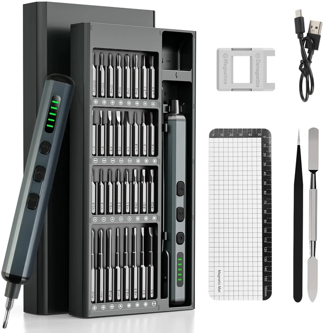 Main image of Fresh Fab Find 70 In 1 3.7V Mini Electric Screwdriver Kit Rechargeable Magnetic Repair Tool Kit with 5 Torque Settings 64 S2 Precision Bits 4 LED Lights for Phone Ca - Gray