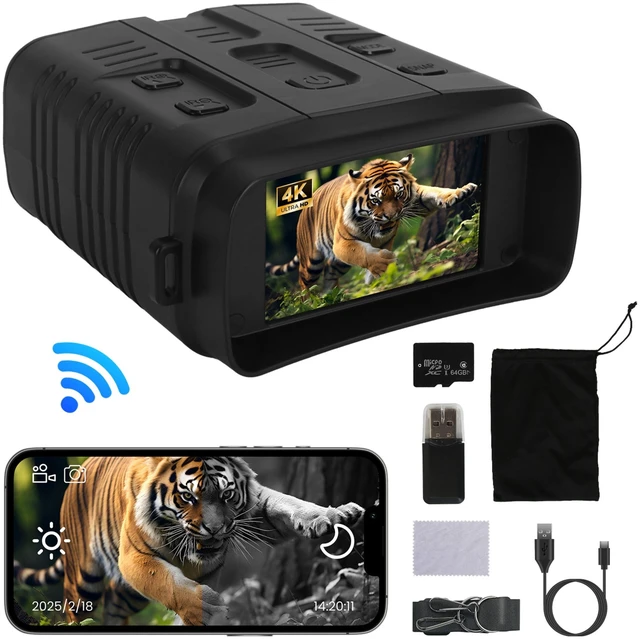Main image of Fresh Fab Find Night Vision Goggles 4K Full-Color Binoculars 10X Zoom with 2624ft Viewing Range 3\'\' Screen 64G MMC Card WIFI APP Control Save Photo and Video for C - Black