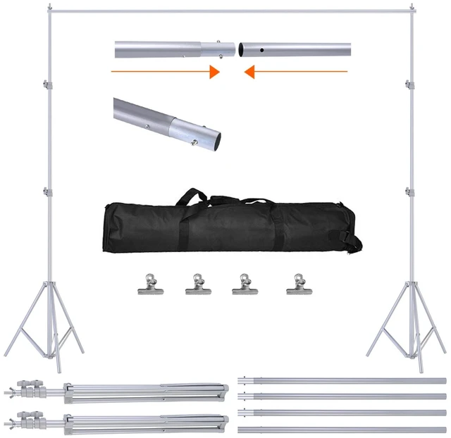Main image of Fresh Fab Find 6.5 x 10ft Photo Video Studio Backdrop Background Stand Adjustable Heavy Duty Photography Backdrop Support Stand Set with Carrying Bag Clamps - Silver