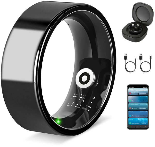 Main image of Fresh Fab Find Smart Ring Health Tracker Fitness/Sleep/Stress/HRV Tracker with Charging Case Magnetic Charging Cable for Women & Men Compatible with iOS & Android 7- - Black