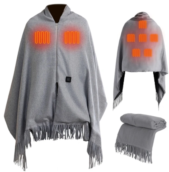 Main image of Fresh Fab Find 77x24In USB Heated Shawl with Teasel Wearable Heating Blanket Electric Throw Wrap Indoor Outdoor with Zipper 3 Heating Levels Machine Washable for Out - Gray