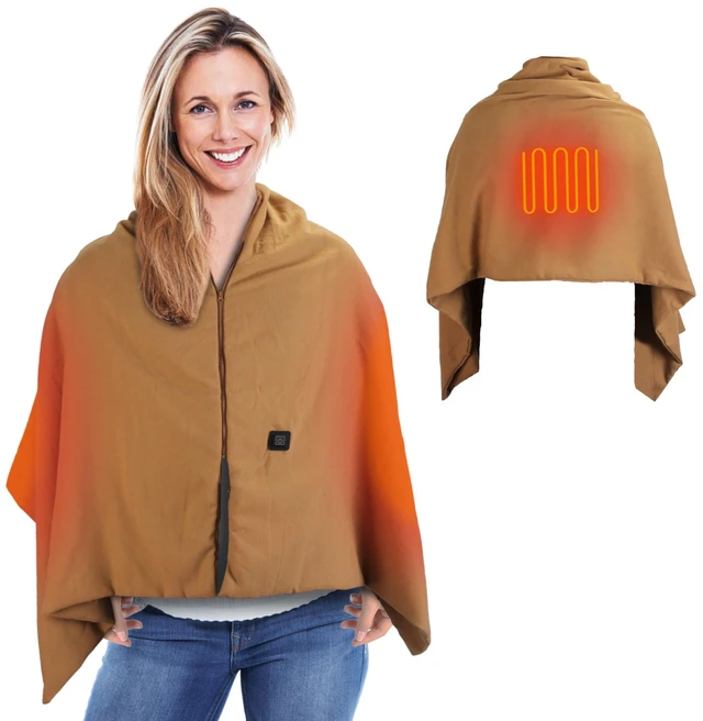 Main image of Fresh Fab Find 71x24In USB Heated Shawl Wearable Heating Blanket Electric Throw Wrap Indoor Outdoor with Zipper 3 Heating Levels Machine Washable for Outdoor Home Of - Camel