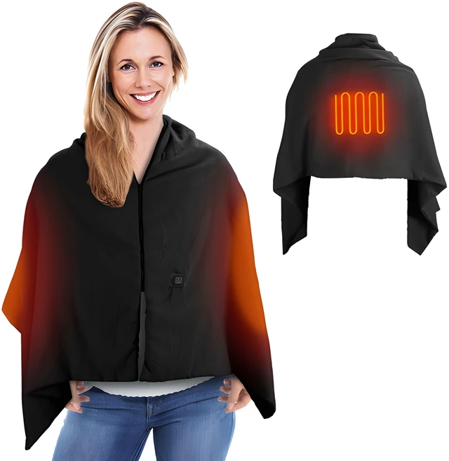 Main image of Fresh Fab Find 71x24In USB Heated Shawl Wearable Heating Blanket Electric Throw Wrap Indoor Outdoor with Zipper 3 Heating Levels Machine Washable for Outdoor Home Of - Black
