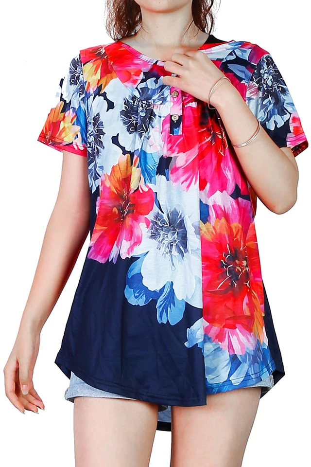 Main image of Fresh Fab Find Womens Floral Button Short Sleeve Summer Shirt Blouse S-XXL - Red