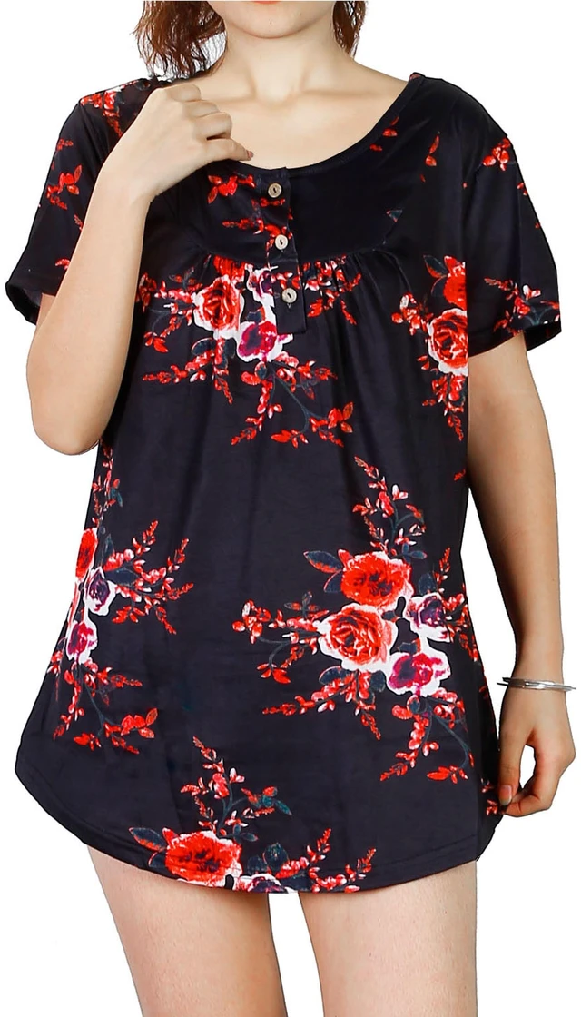 Main image of Fresh Fab Find Womens Floral Button Short Sleeve Summer Shirt Blouse S-XXL - Black