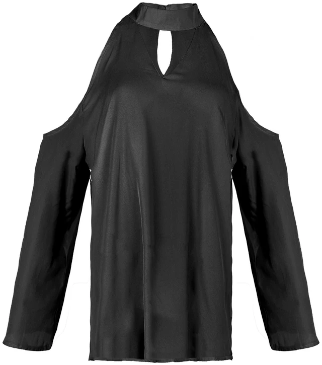 Main image of Fresh Fab Find Womens Off Shoulder V-Neck Long Sleeve Solid T-Shirt - Black