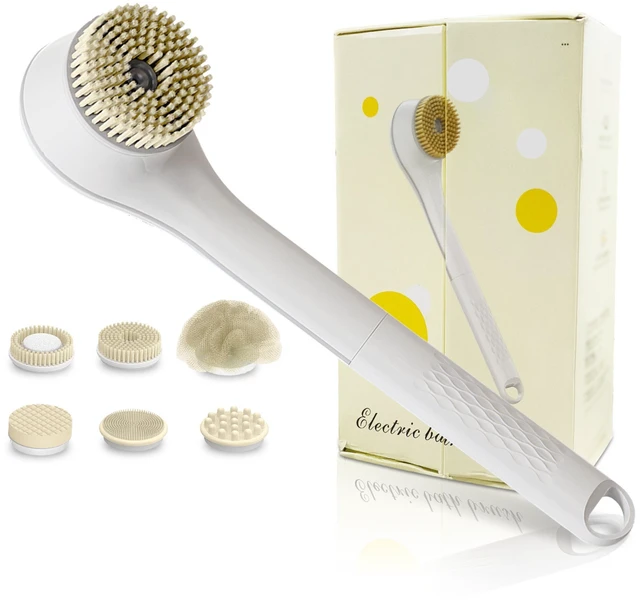 Main image of Fresh Fab Find Electric Bath Brush Body Scrubber Rechargeable Massaging Spin Brush with 6 Shower Brush Heads 3 Rotating Modes Extended Handle - White