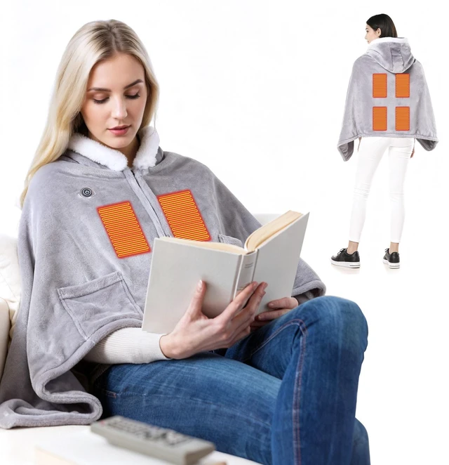 Main image of Fresh Fab Find Wearable Heated Throw Blanket Double-Sided Flannel Portable Electric Heating Hoodie For Women Men Machine Washable 3 Heating Levels Battery Operated - Gray