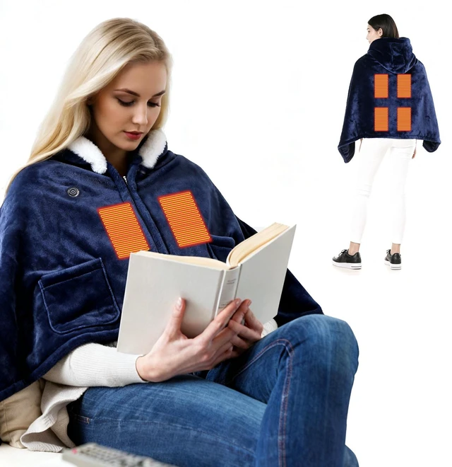 Main image of Fresh Fab Find Wearable Heated Throw Blanket Double-Sided Flannel Portable Electric Heating Hoodie For Women Men Machine Washable 3 Heating Levels Battery Operated - Blue