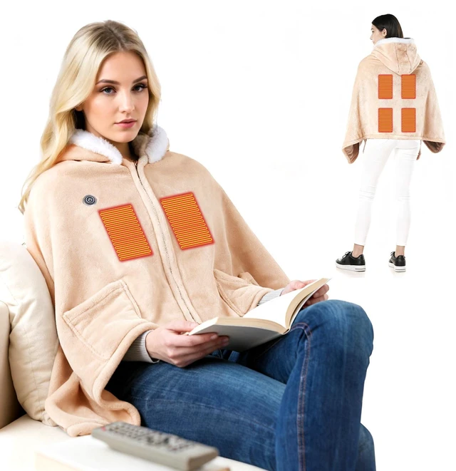 Main image of Fresh Fab Find Wearable Heated Throw Blanket Double-Sided Flannel Portable Electric Heating Hoodie For Women Men Machine Washable 3 Heating Levels Battery Operated - Beige