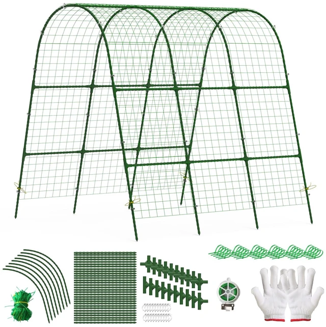 Main image of Fresh Fab Find Cucumber Trellis for Raised Bed Arch Garden Trellis for Climbing Plants Vine Vegetables Fruit Flower Grape U-Shaped Frame with Climbing Net Tunnel Pla - Green