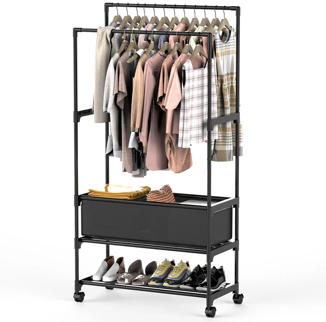 Main image of Fresh Fab Find Double Rods Garment Rack with Storage Bag Portable Clothing Rack with Shelves Lockable Wheels Small Portable Closet Storage Bag Height Adjustable - Black