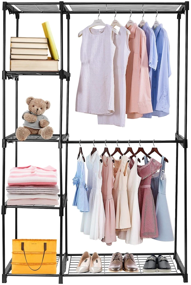 Main image of Fresh Fab Find Double Rod Metal Closet Organizer w/ 5-Tier Shelves & Shoe Rack - Black