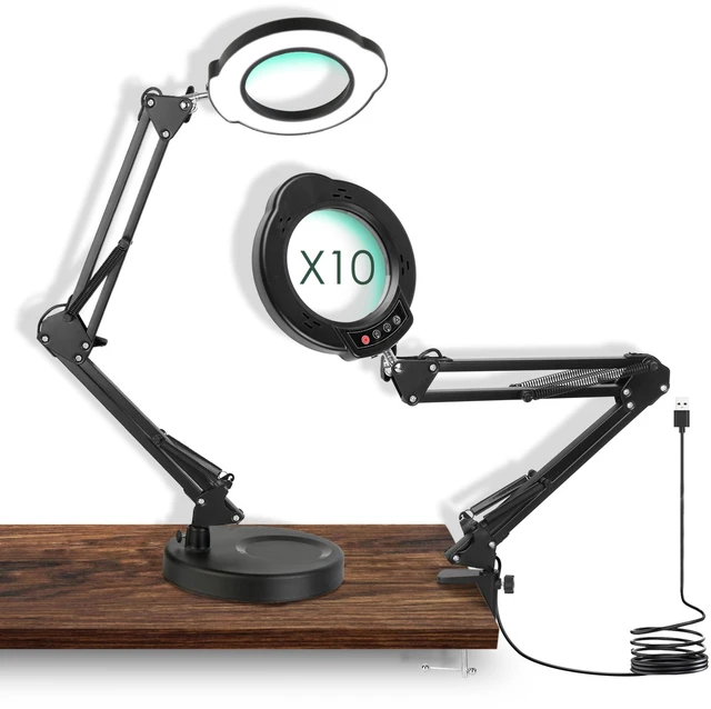 Main image of Fresh Fab Find 10X Magnifying Glass with Light And Stand Real Glass Lens Magnifying Desk Lamp with Clamp 5 Color Modes Dimmable Brightness For Craft Reading Painting - Black